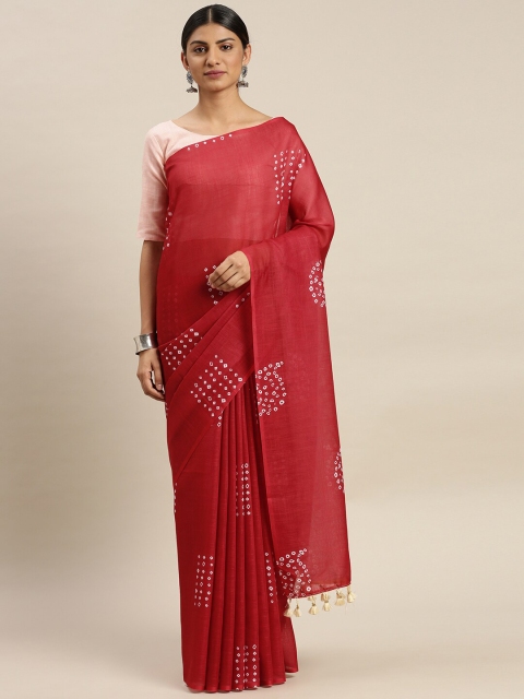 AVANSHEE Red & Off White Bandhani Linen Blend Saree
