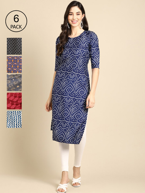 1 Stop Fashion Women Pack of 6 Ethnic Motifs Printed Block Print Crepe Kurta, Multi 
1 Stop Fashion Women Pack of 6 Ethnic Motifs Printed Block Print Crepe Kurta, Multi