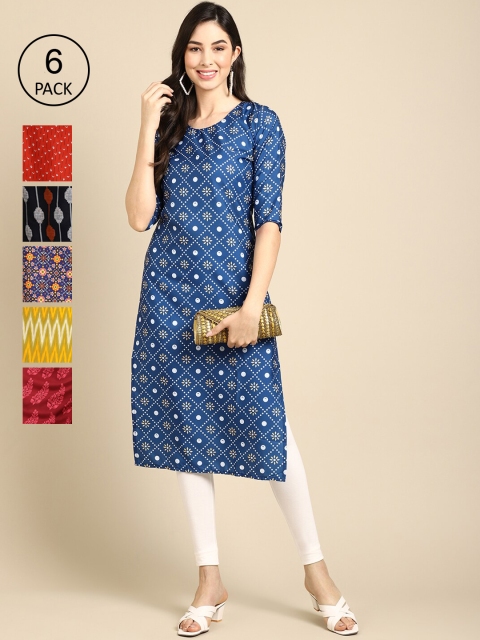 1 Stop Fashion Women Pack of 6 Printed Crepe Kurta, Multi