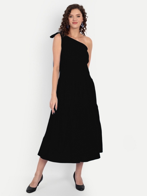 MINGLAY Women Black One Shoulder Organic Cotton Crepe A-Line Midi Dress