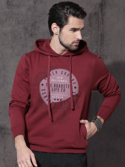 Roadster Men Maroon Printed Hooded Sweatshirt
