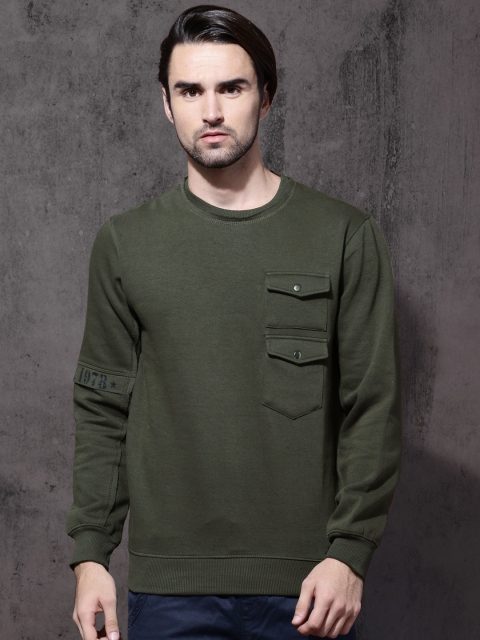 Roadster Men Olive Green Solid Sweatshirt