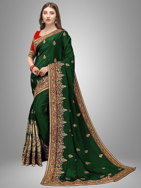 Trendmalls Green & Red Floral Pure Silk Mysore Silk Saree