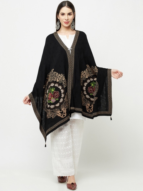 Knitstudio Women Black Floral Knitted Woolen Shawl