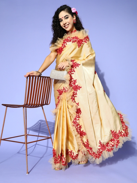 Tikhi Imli Solid Satin Saree with border, Beige