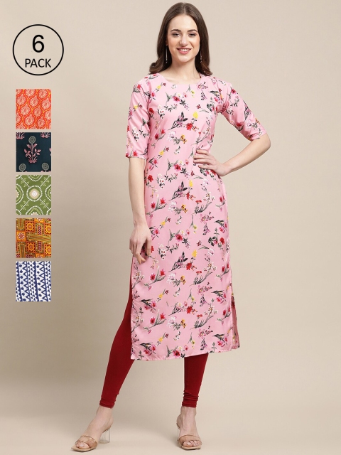 1 Stop Fashion Women Pack Of 6 Geometric Printed Block Print Crepe Kurta, Pink