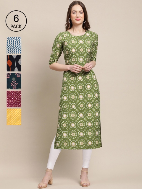 1 Stop Fashion Women Pack of 6 Printed Crepe Kurta, Green