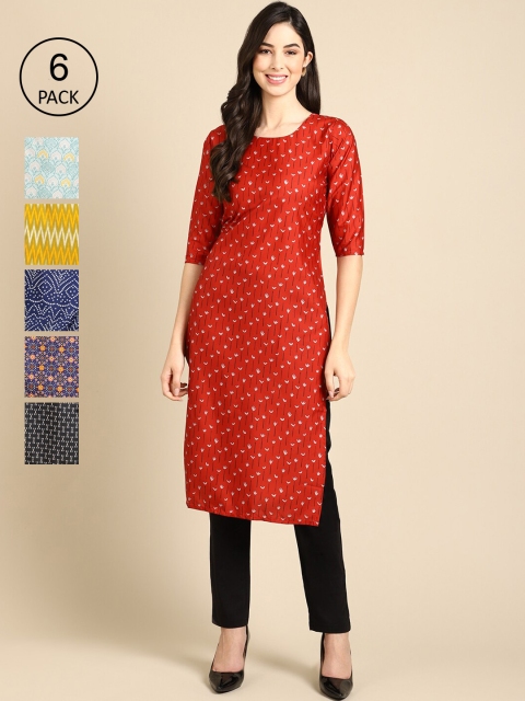KALINI Women Pack Of 6 Geometric Thread Work Summer Sheers Crepe Kurta, Red