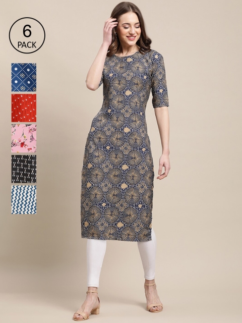 KALINI Women Pack Of 6 Blue & White Printed Crepe Kurta