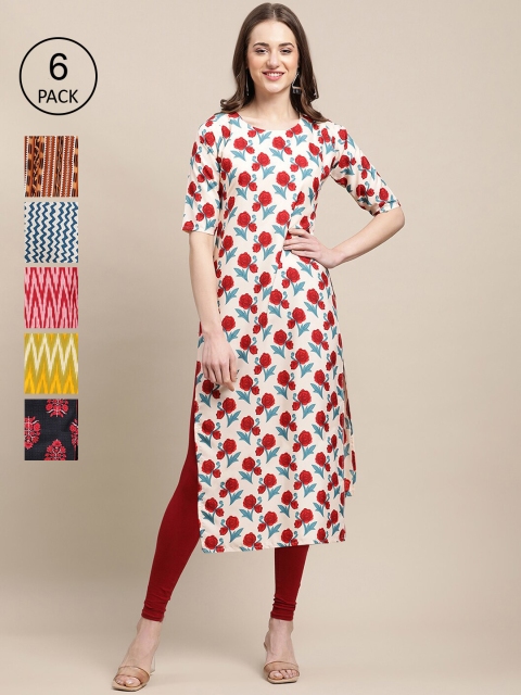 KALINI Women Pack Of 6 Geometric Printed Crepe Kurta, Multi