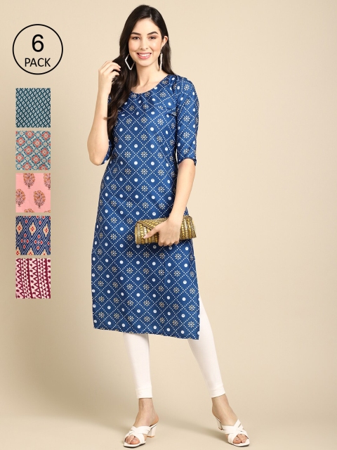 KALINI Women Pack Of 6 Printed Summer Sheers Crepe Kurta, Blue