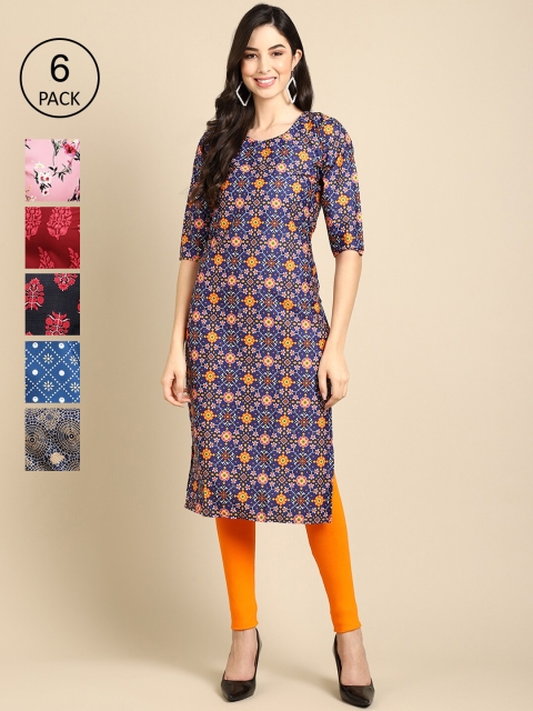 Ethnic basket 6 Women Multicoloured Ethnic Motifs Printed Crepe Kurta, Multi