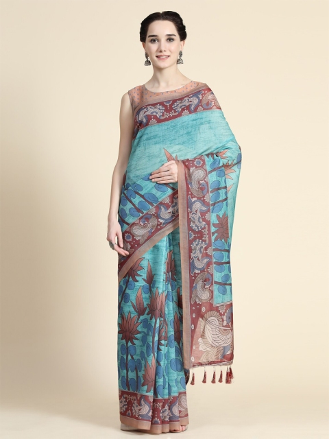 KALANANDI Blue & Brown Cotton Blend Floral Saree