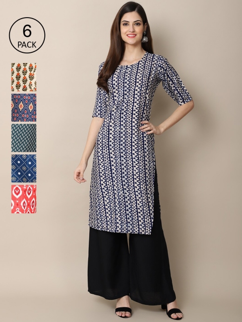 Ethnic basket Women Pack of 6 Digital Printed Crepe Straight Kurtas, Black
