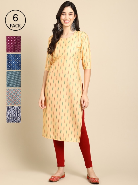 Ethnic basket Women Pack of 6 Ethnic Motifs Printed Crepe Kurta, Yellow