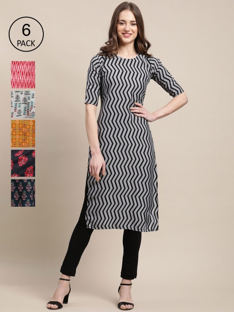 Ethnic basket Women Pack of 6 Ethnic Motifs Printed Crepe Kurta, Black