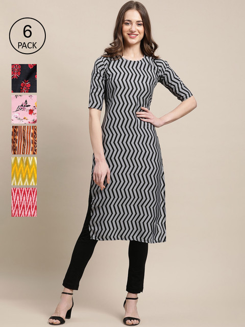 Ethnic basket Women Pack of 6 Geometric Printed Crepe Kurta, Black
Ethnic basket Women Pack of 6 Geometric Printed Crepe Kurta, Black