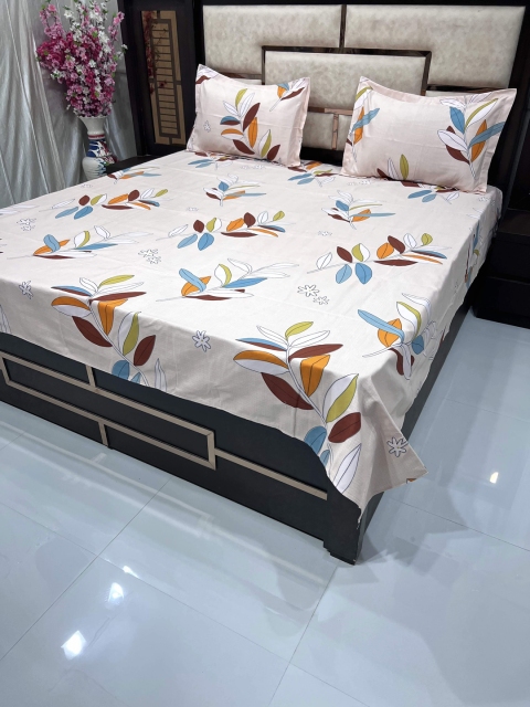 Pure Decor Pink & Blue Floral 260 TC Queen Bedsheet with 2 Pillow Covers