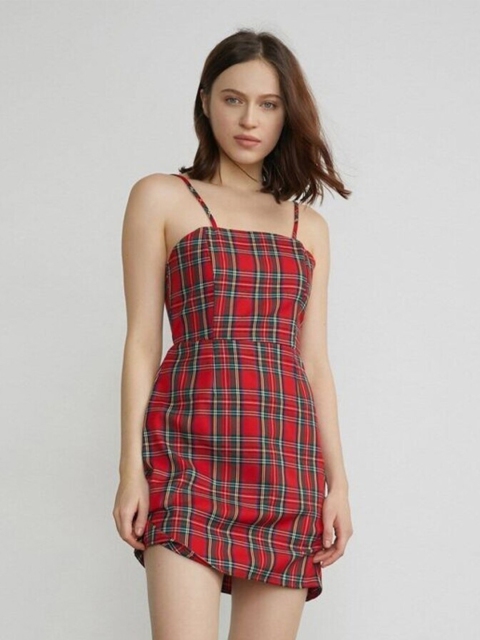 MERCHE Women Red Checked Sheath Dress