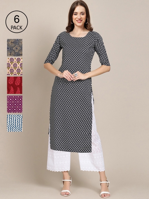 1 Stop Fashion Pack Of 6 Women Printed Straight Crepe Kurta, Blue