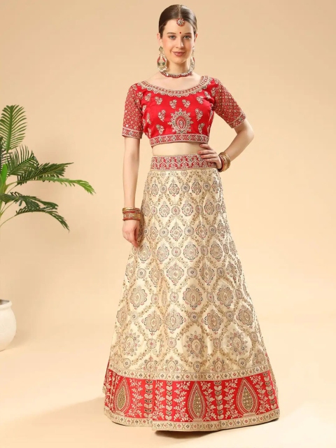 Phenav Cream-Coloured & Red Embroidered Ready to Wear Lehenga & Blouse With Dupatta
Phenav Cream-Coloured & Red Embroidered Ready to Wear Lehenga & Blouse With Dupatta