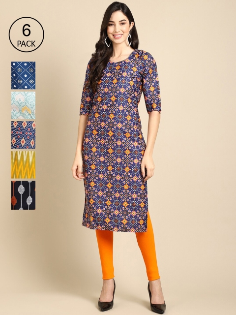 KALINI Women Pack Of 6 Summer Sheers Crepe Kurta, Blue