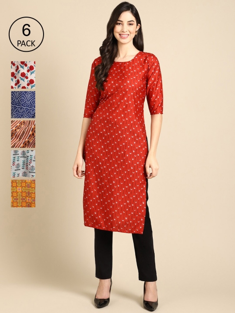 KALINI Women Pack Of 6 Geometric Printed Crepe Kurta, Multi