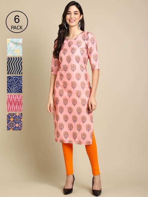 KALINI Women Pack Of 6 Geometric Printed Crepe Kurta, Multi