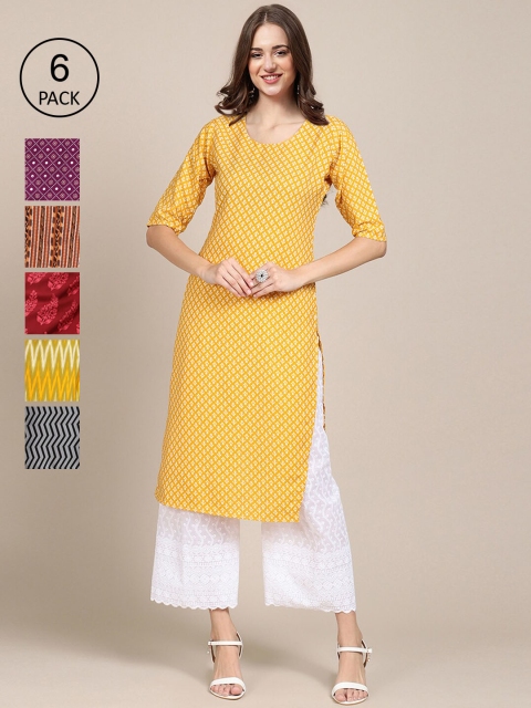 KALINI Women Pack Of 6 Ethnic Motifs Printed Crepe Kurta, Yellow