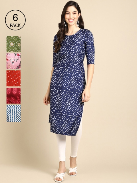 KALINI Women Women Pack of 6 Digital Printed Crepe Straight Kurtas, Blue