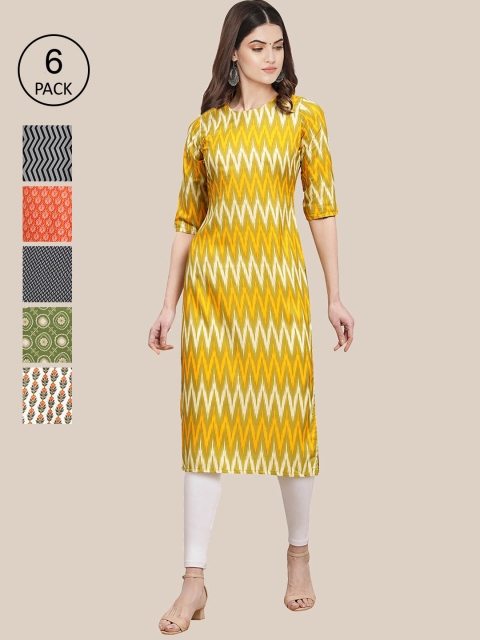 KALINI Women Pack of 6 Ethnic Motifs Printed Crepe Kurta, Multi