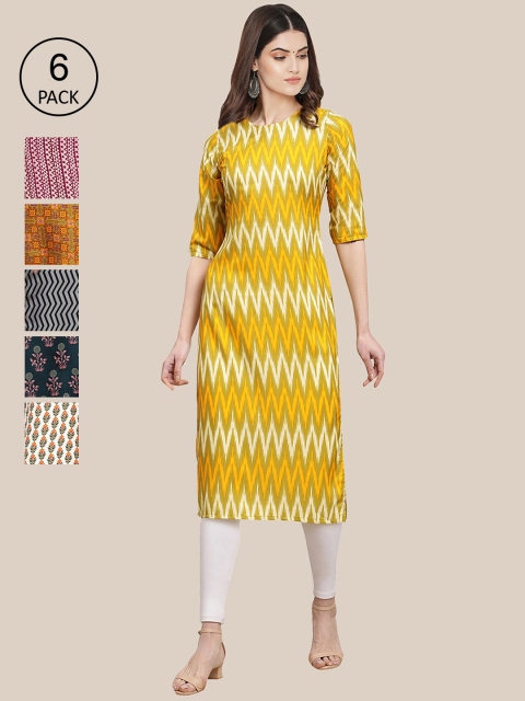 KALINI Women Pack of 6 Digital Printed Crepe Straight Kurtas, Yellow
