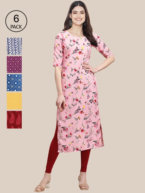 KALINI Women Pack Of 6 Printed Crepe Straight Kurta, Blue
