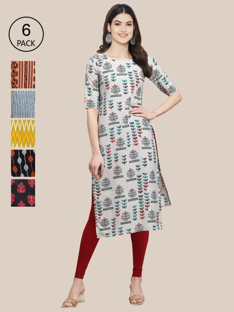 KALINI Women Pack of 6 Geometric Printed Summer Sheers Crepe Kurta, Grey