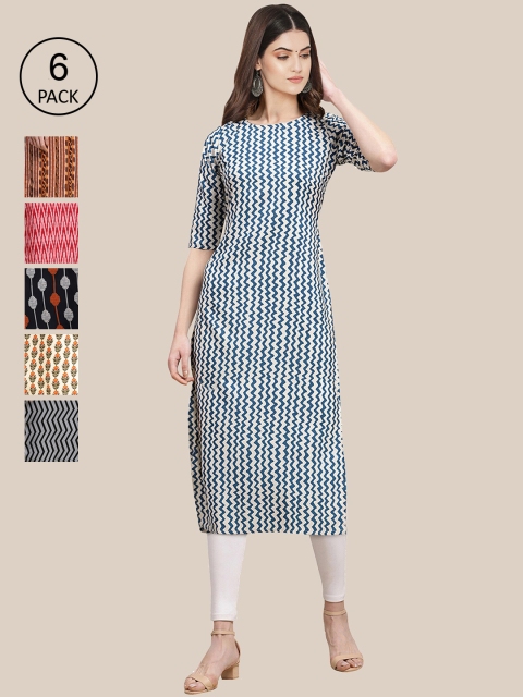 KALINI Women Multicoloured Pack Of 6 Geometric Printed Crepe Kurta, Multi