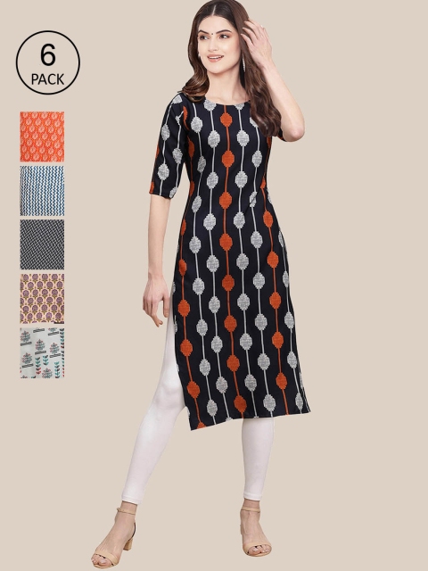 KALINI Pack Of 6 Women Printed Straight Crepe Kurta, Black