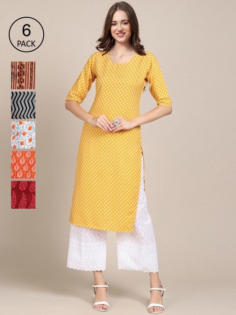 KALINI Pack Of 6 Women Printed Straight Crepe Kurta, Yellow