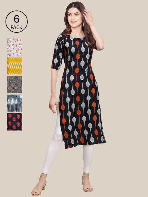 KALINI Women Pack of 6 Digital Printed Crepe Straight Kurtas, Black