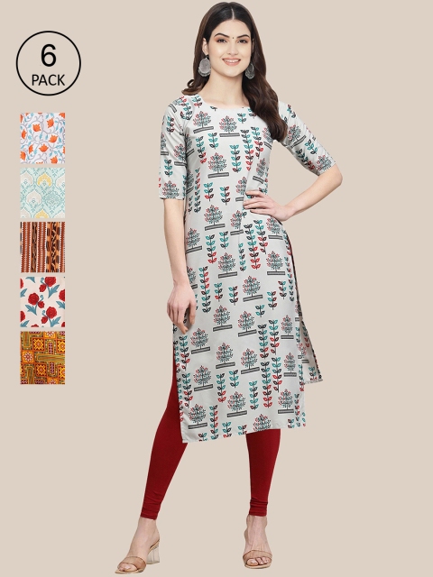 KALINI Women Pack of 6 Women Printed Straight Crepe Kurta, Multi