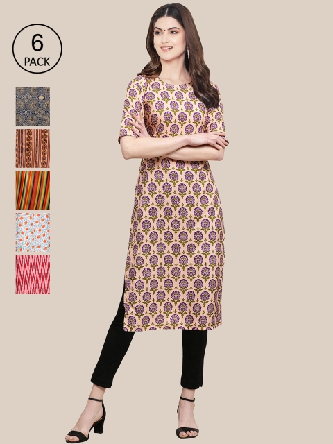 KALINI Women Pack of 6 printed Summer Sheers Crepe Kurta, Pink