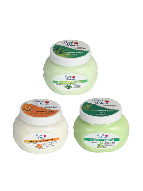Pink Plums Set Of 3 Aloevera + Honey Almond+ Neem Tulsi Face & Body Massage Creams, Multi
Pink Plums Set Of 3 Aloevera + Honey Almond+ Neem Tulsi Face & Body Massage Creams, Multi
