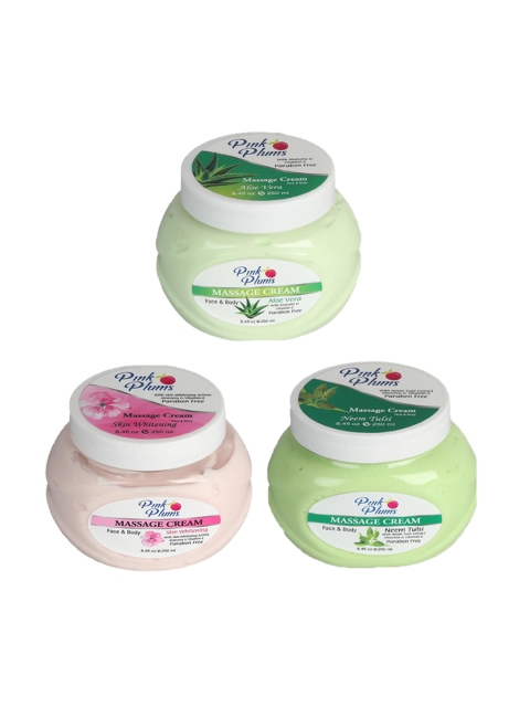 Pink Plums Set Of 3 Paraben Free Aloevera Neem Tulsi Skin whitening Face & Body Massage creams, Multi
Pink Plums Set Of 3 Paraben Free Aloevera Neem Tulsi Skin whitening Face & Body Massage creams, Multi