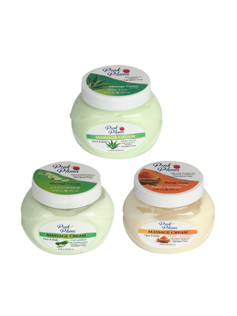 Pink Plums Set Of 3 Aloevera Cucumber Haldi & Chandan Face & Body Massage Creams, Multi
Pink Plums Set Of 3 Aloevera Cucumber Haldi & Chandan Face & Body Massage Creams, Multi