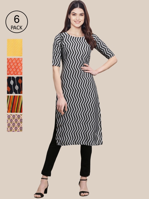 7Threads Women Pack of 6 Printed Crepe Kurta, Black