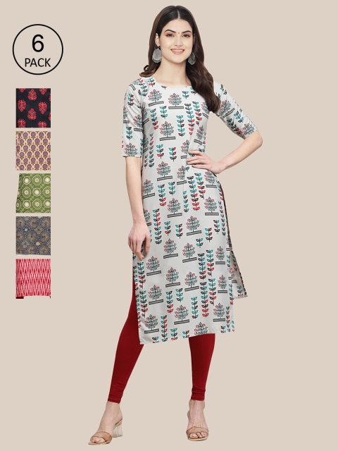 7Threads Women Pack Of 6 Multicoloured Quirky Printed Crepe Kurta, Multi