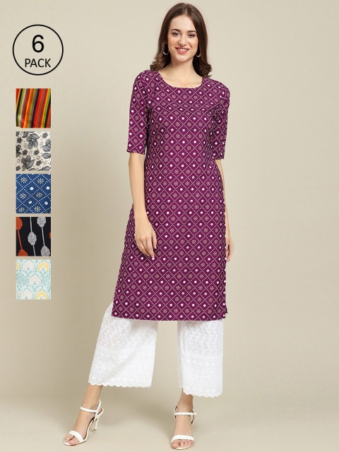 7Threads Women Purple & Red Pack of 6 Floral Printed Crepe Kurtas