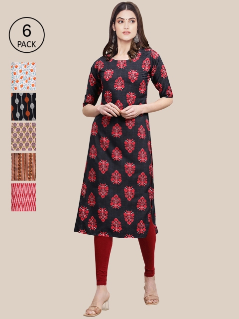 7Threads Women Red & Navy Blue Pack of 6 Floral Printed Crepe Kurtas
