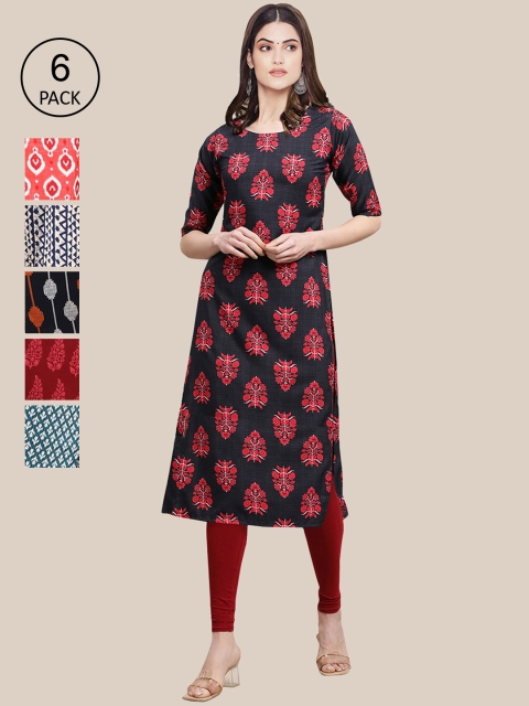 7Threads Women Red & Navy Blue Pack of 6 Floral Printed Crepe Kurtas