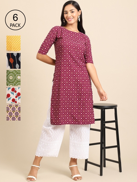 7Threads Pack of 6 Women Multicoloured & Yellow Ethnic Motifs Printed Crepe Kurta, Multi