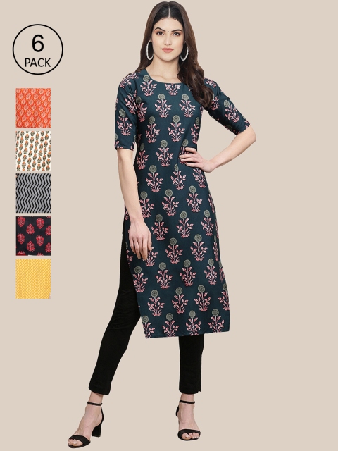 7Threads Pack of 6 Women Multicoloured & Yellow Floral Printed Crepe Kurta, Multi